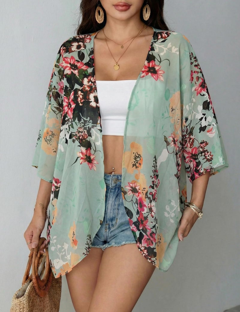 Chunoy Women Plus Size Short Sleeve Shawl Sheer Cardigan Floral Print Chiffon Kimono Cover Up Green XX-Large - Image 2