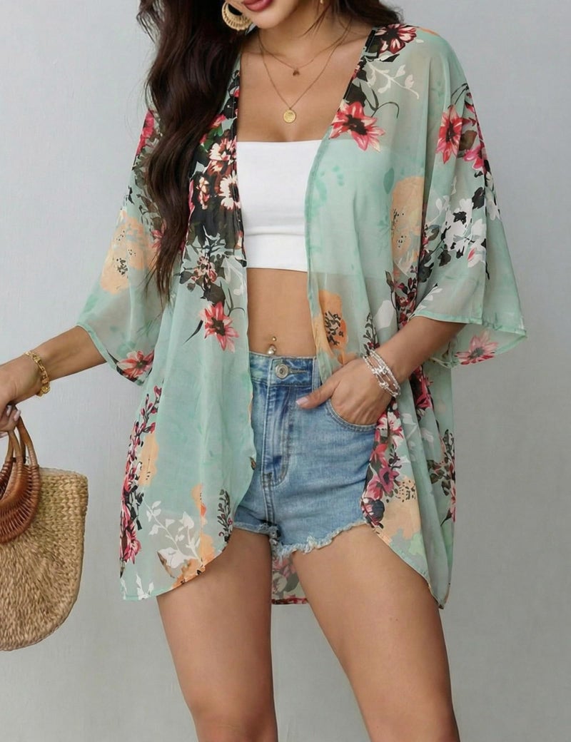 Chunoy Women Plus Size Short Sleeve Shawl Sheer Cardigan Floral Print Chiffon Kimono Cover Up Green XX-Large - Image 4