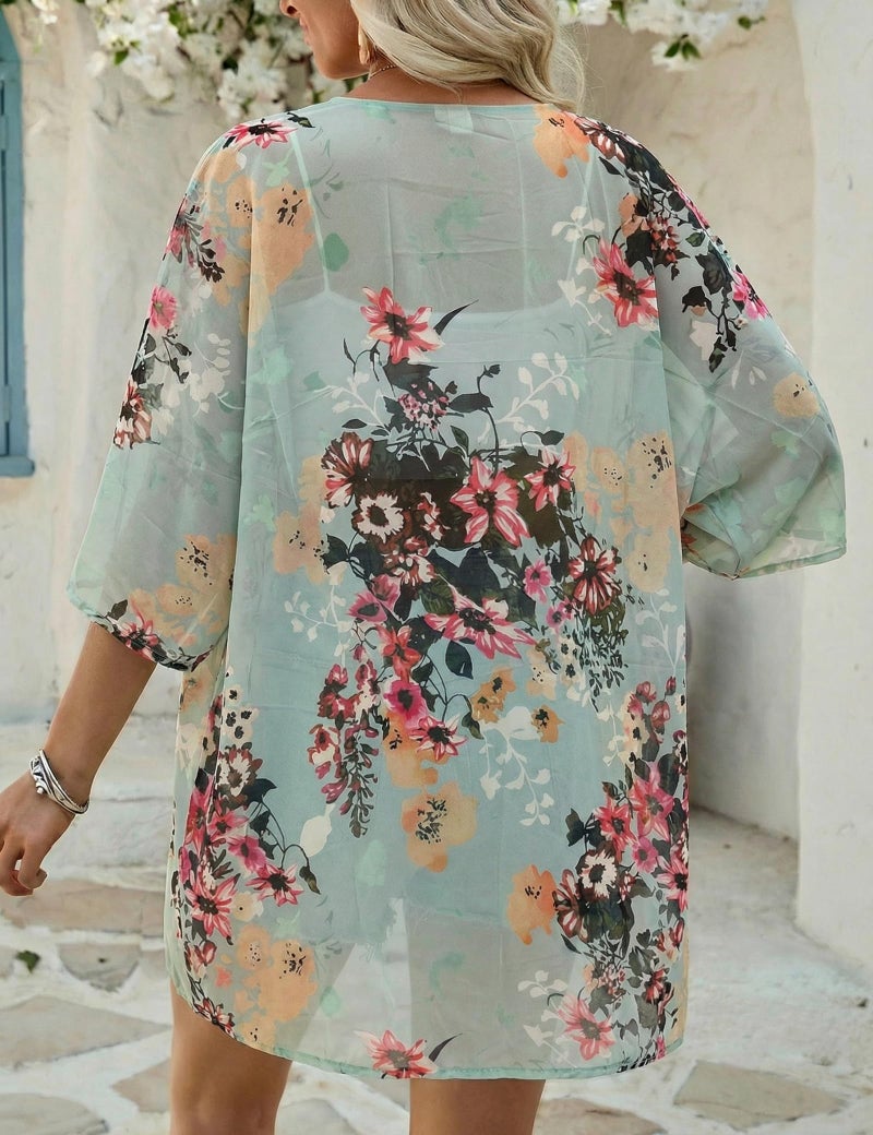 Chunoy Women Plus Size Short Sleeve Shawl Sheer Cardigan Floral Print Chiffon Kimono Cover Up Green XX-Large - Image 5