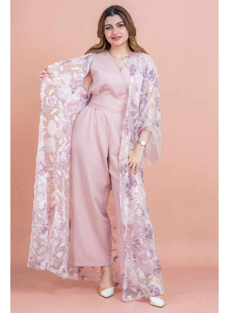 اكسا عباية عصرية نقوش زهور متناسقة IK1054 وردي - Image 3