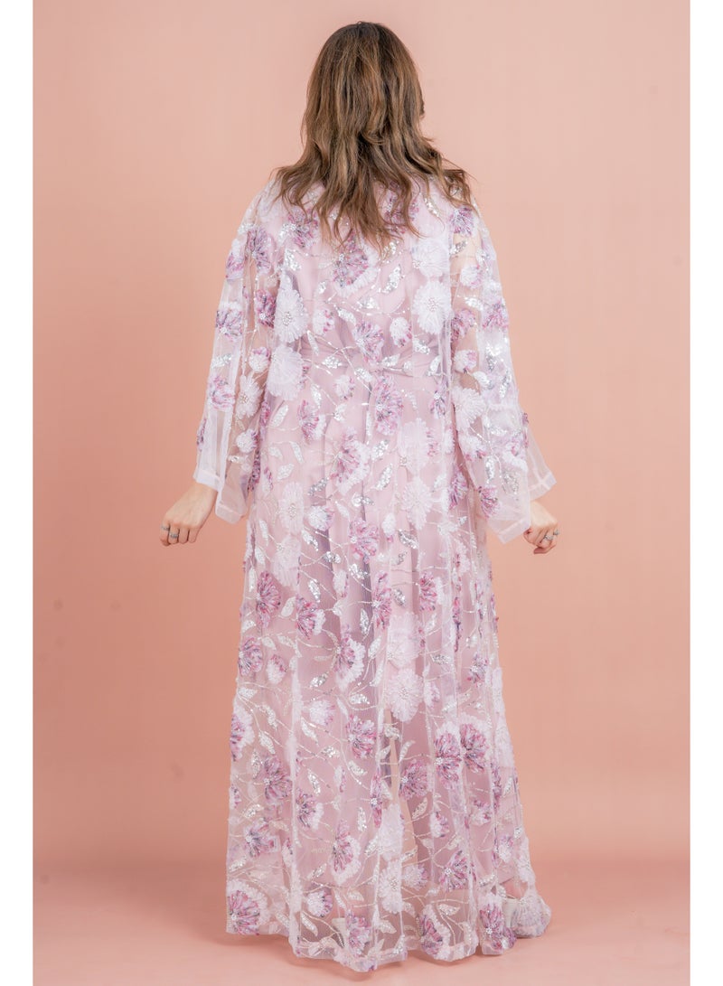 اكسا عباية عصرية نقوش زهور متناسقة IK1054 وردي - Image 4