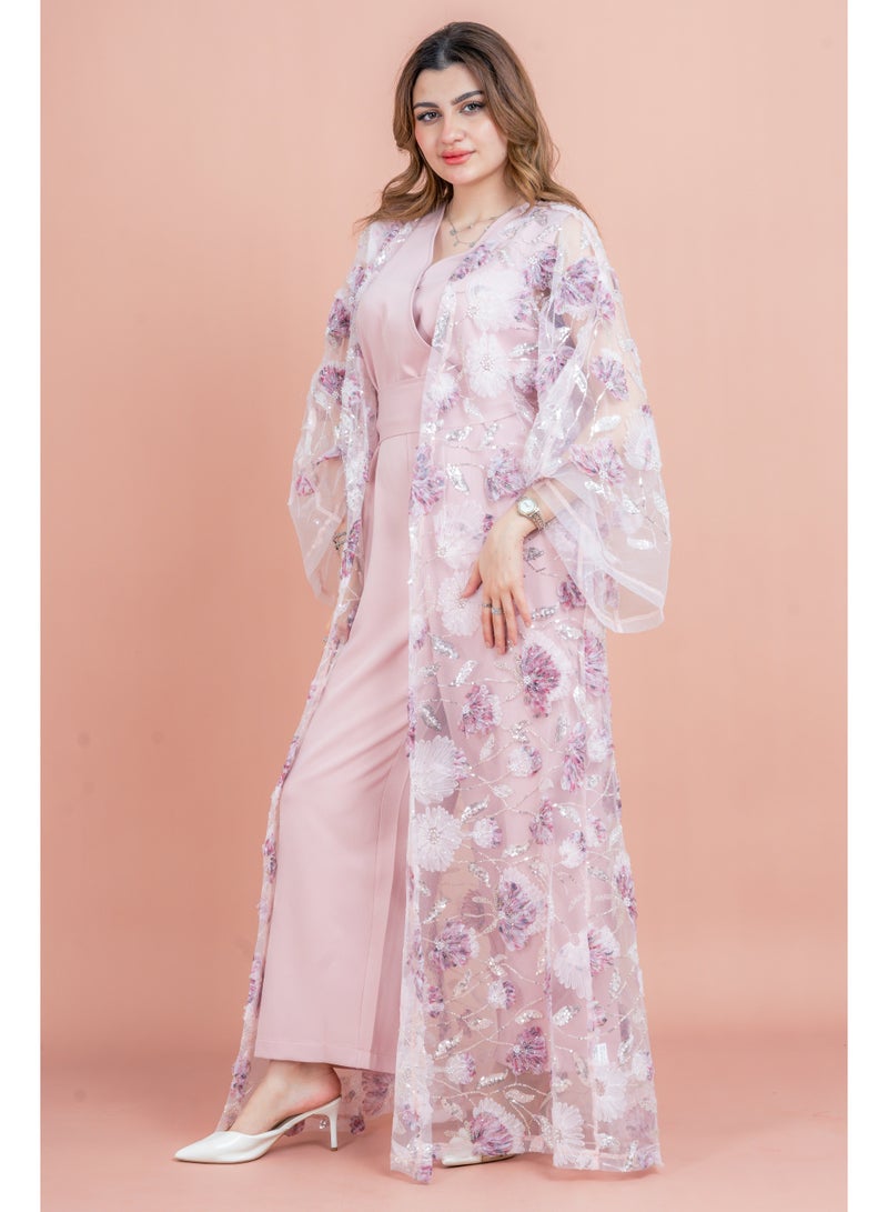 اكسا عباية عصرية نقوش زهور متناسقة IK1054 وردي - Image 1