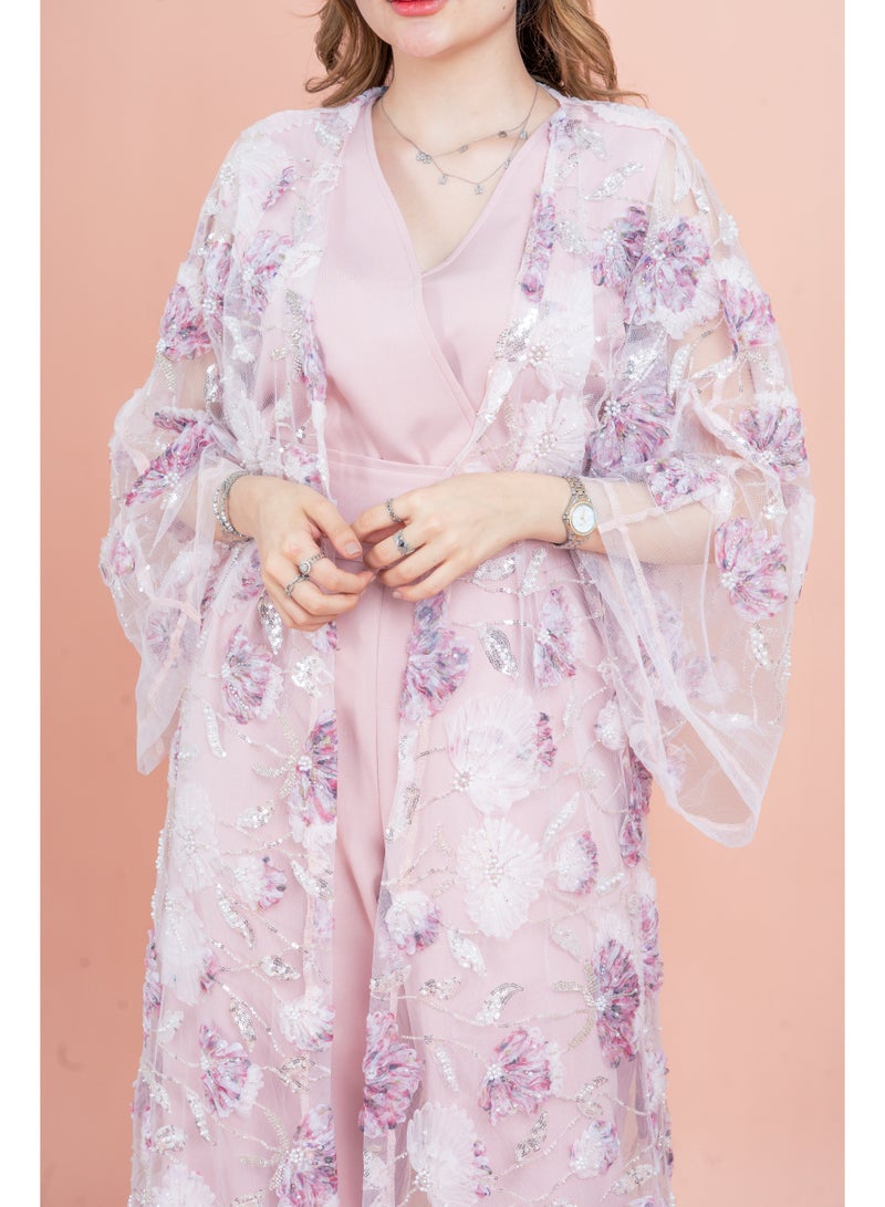 اكسا عباية عصرية نقوش زهور متناسقة IK1054 وردي - Image 2