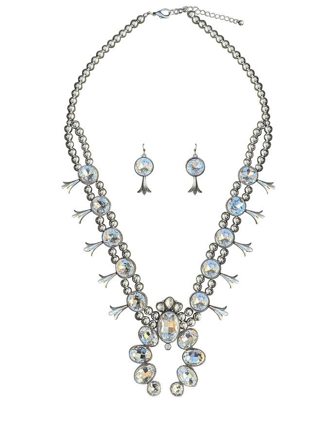 Wonderent Western Boho Crystal Turquoise Squash Blossom Statement Necklace/w Earrings No.2338 (Clear) - Image 1