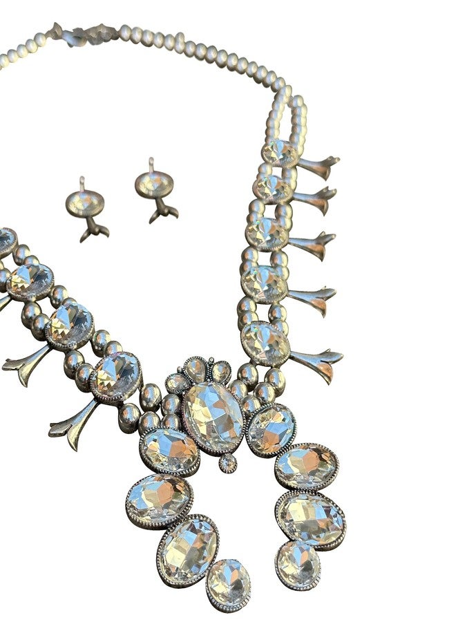 Wonderent Western Boho Crystal Turquoise Squash Blossom Statement Necklace/w Earrings No.2338 (Clear) - Image 3