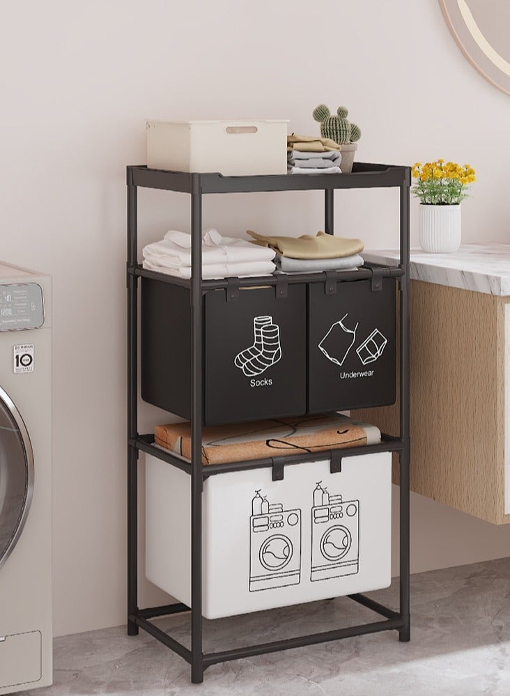 شو وو فارز الغسيل 3 أقسام مع رف تخزين علوي، سلة غسيل لتنظيم الملابس المتسخة بكفاءة، سلة غسيل بسعة كبيرة و3 أكياس قابلة للإزالة - Image 1