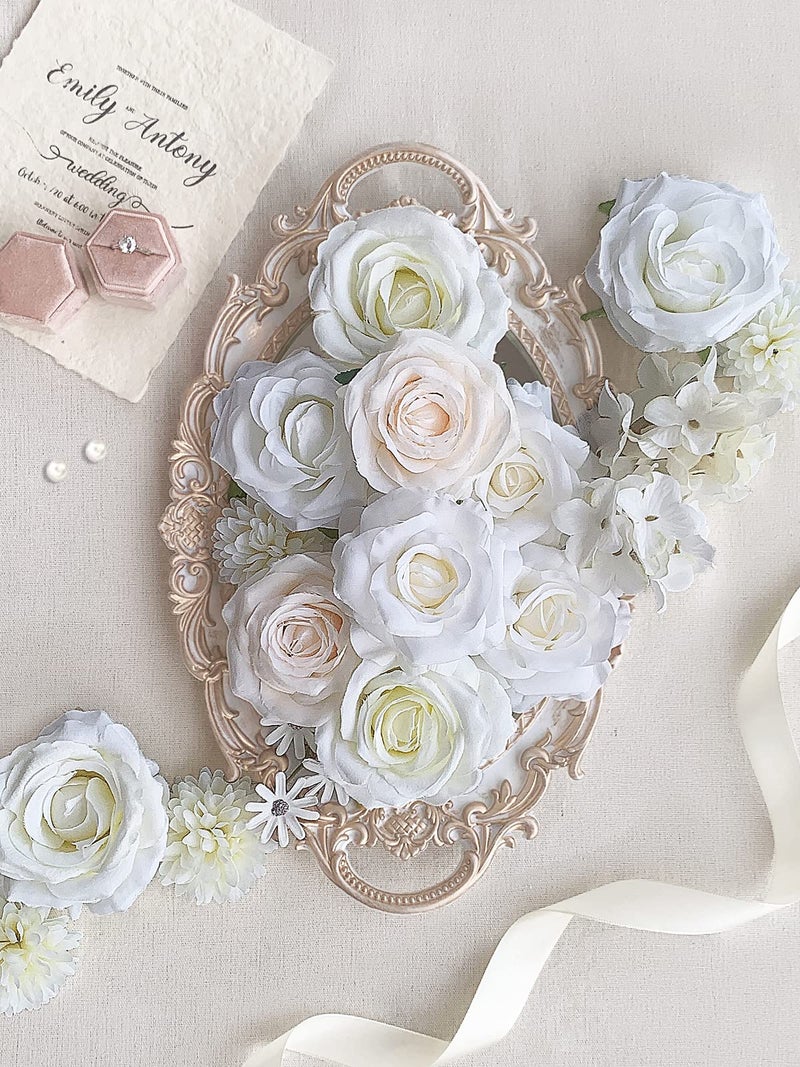 FACINOC Roses Artificial Flowers White Fake Flower Bulk for DIY Wedding Bouquet Bridal Baby Shower Decorations Party Table Centerpiece Silk Floral Arrangements Home Decor Indoor Cream Ivory Box - Image 3