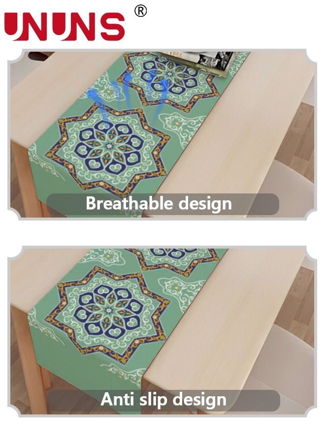 UNUNS مفرش طاولة من الكتان، نمط مطبوع حديث مقاس 13 × 79 بوصة لعشاء العائلة والولائم والحفلات والاحتفالات، أخضر - Image 2