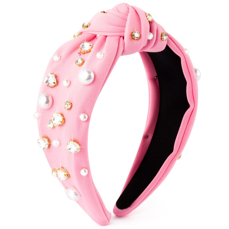 PANTIDE Valentine's Day Pearl Jeweled Knotted Headband - Heart Rhinestone Crystal Pearl Embellished Headband Wide Top Knot Fashion Hairband Accessories Birthday Gift for Lover Women Girls (Pink) - Image 1