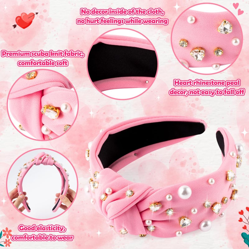 PANTIDE Valentine's Day Pearl Jeweled Knotted Headband - Heart Rhinestone Crystal Pearl Embellished Headband Wide Top Knot Fashion Hairband Accessories Birthday Gift for Lover Women Girls (Pink) - Image 3