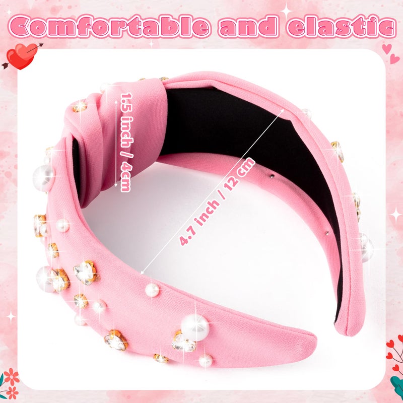 PANTIDE Valentine's Day Pearl Jeweled Knotted Headband - Heart Rhinestone Crystal Pearl Embellished Headband Wide Top Knot Fashion Hairband Accessories Birthday Gift for Lover Women Girls (Pink) - Image 2