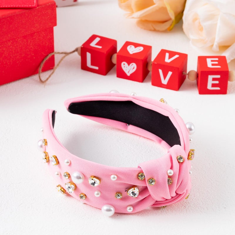 PANTIDE Valentine's Day Pearl Jeweled Knotted Headband - Heart Rhinestone Crystal Pearl Embellished Headband Wide Top Knot Fashion Hairband Accessories Birthday Gift for Lover Women Girls (Pink) - Image 4