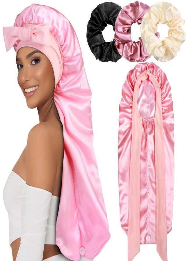 Heniho 1+3 Long Satin Bonnets with Scrunchies for Women Sleeping, Double Layer Large Braid Bonnet with Tie Band, F - Image 1