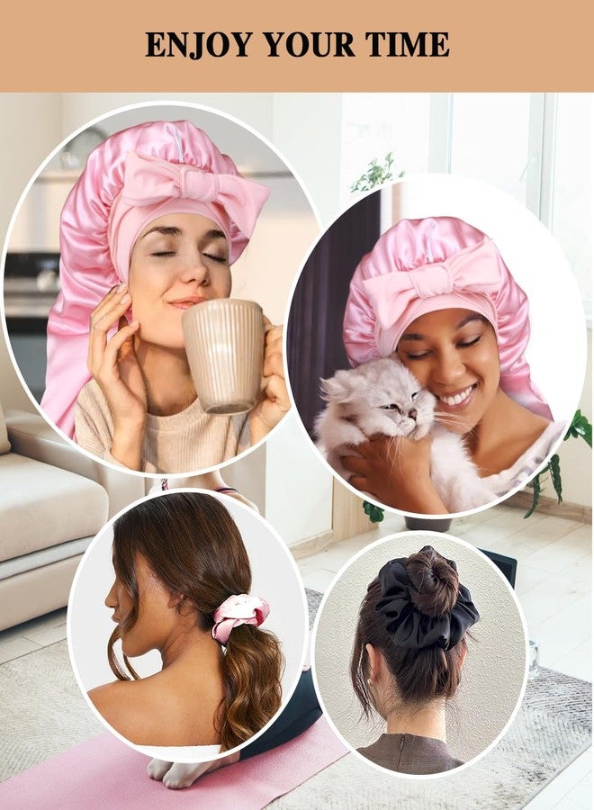 Heniho 1+3 Long Satin Bonnets with Scrunchies for Women Sleeping, Double Layer Large Braid Bonnet with Tie Band, F - Image 5