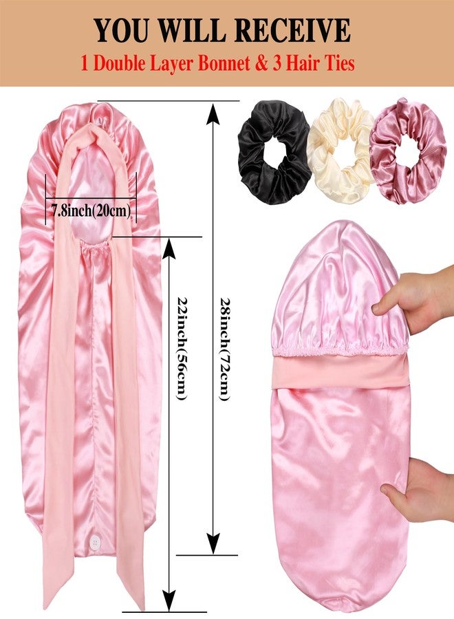 Heniho 1+3 Long Satin Bonnets with Scrunchies for Women Sleeping, Double Layer Large Braid Bonnet with Tie Band, F - Image 2