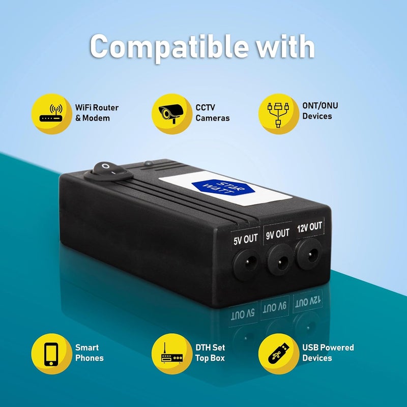STARWATT UPS مصغر 3 مخرجات | لـ 12V حتى 2A، 9V حتى 1A و 5V / USB حتى 1A | احتياطي طاقة غير منقطع لجميع أجهزة التوجيه اللاسلكية، المودم، ONT ONU، محول الوسائط، كاميرا WiFi، الأجهزة التي تعمل بالطاقة عبر USB - Image 5