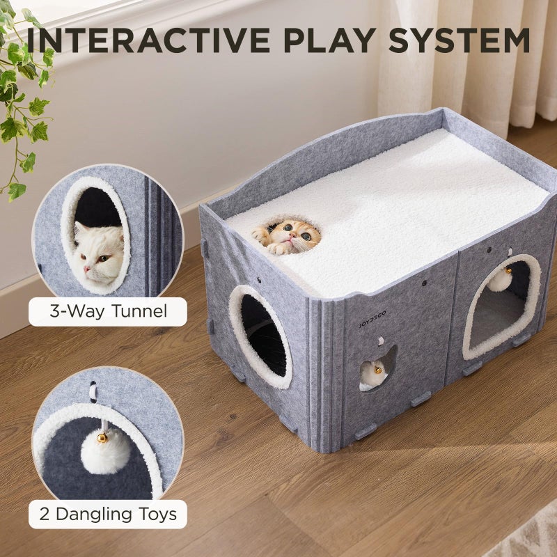 Joydeco Cat House for Indoor Cats, Extra Wide Scratch Resistant Felt Cat Condo, Hideaway Pet Cave Bed with Fluffy Ball and Tunnel for Kitten, Small Dogs, Rabbits, 22.4 x 13.7 x 14.9, Grey - Image 3