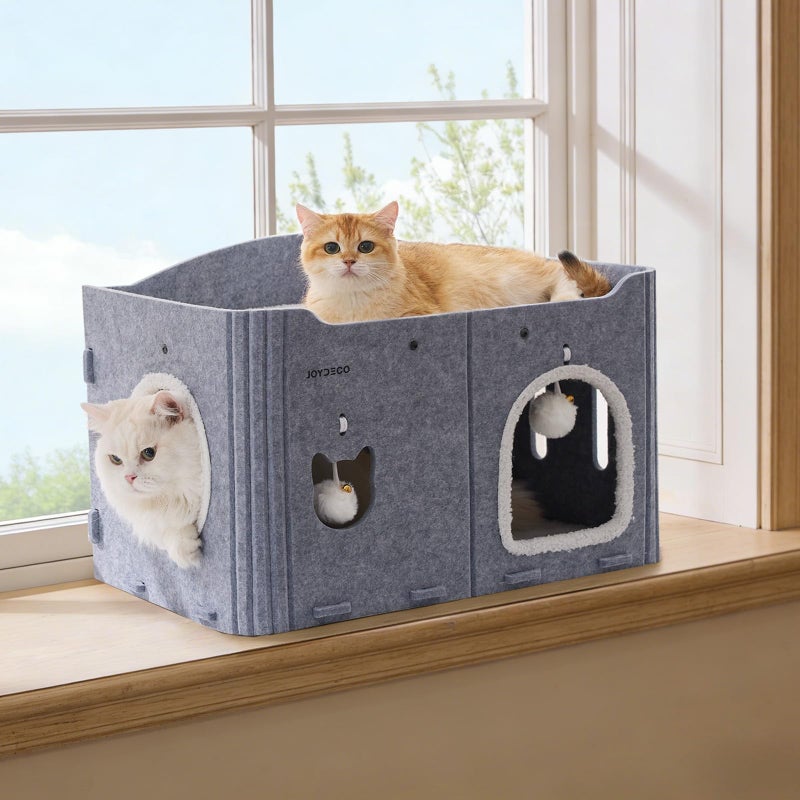 Joydeco Cat House for Indoor Cats, Extra Wide Scratch Resistant Felt Cat Condo, Hideaway Pet Cave Bed with Fluffy Ball and Tunnel for Kitten, Small Dogs, Rabbits, 22.4 x 13.7 x 14.9, Grey - Image 4