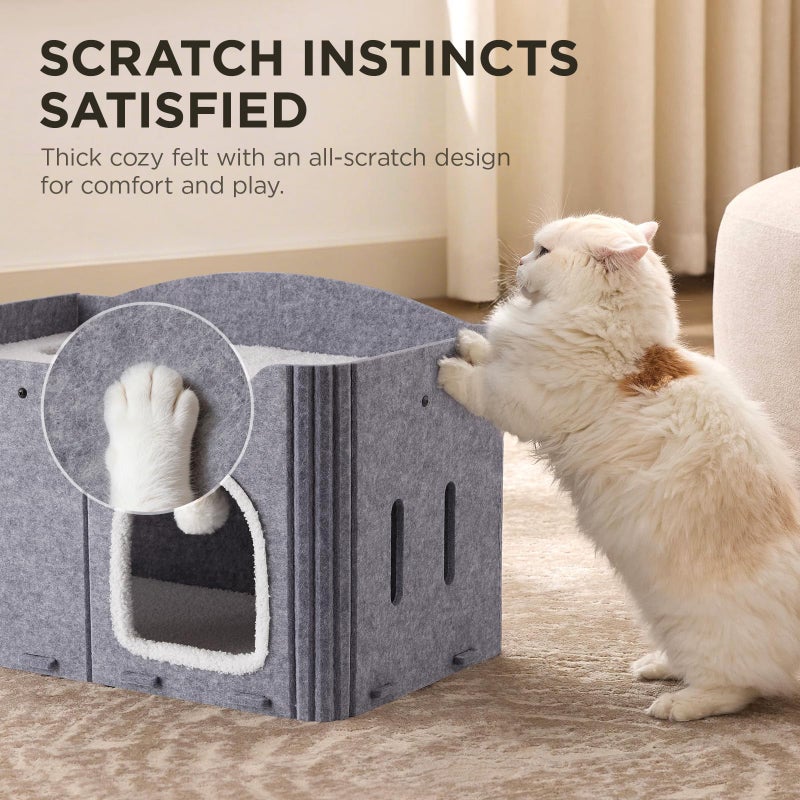 Joydeco Cat House for Indoor Cats, Extra Wide Scratch Resistant Felt Cat Condo, Hideaway Pet Cave Bed with Fluffy Ball and Tunnel for Kitten, Small Dogs, Rabbits, 22.4 x 13.7 x 14.9, Grey - Image 2