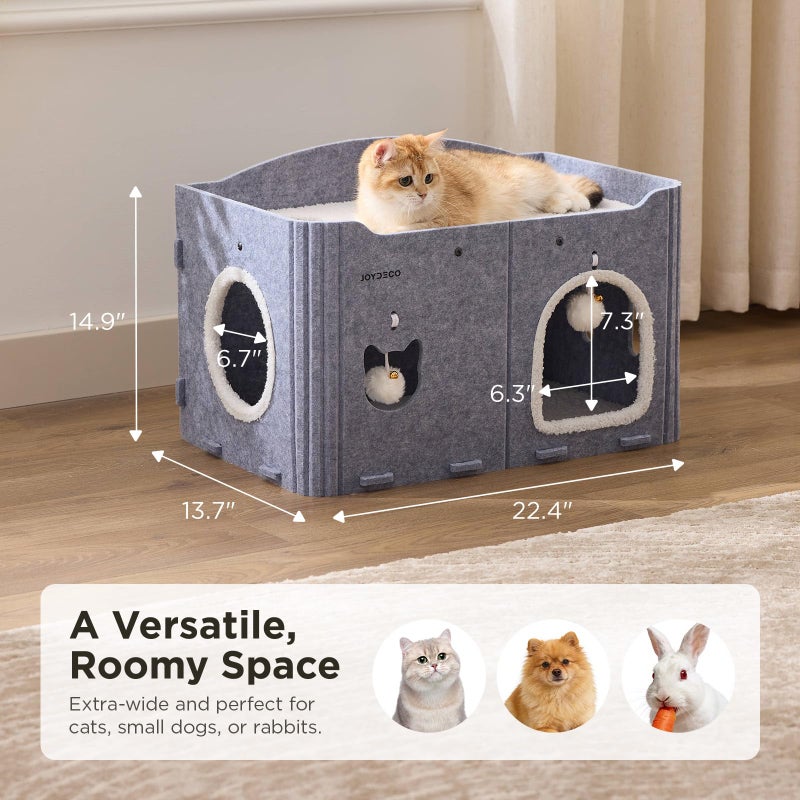 Joydeco Cat House for Indoor Cats, Extra Wide Scratch Resistant Felt Cat Condo, Hideaway Pet Cave Bed with Fluffy Ball and Tunnel for Kitten, Small Dogs, Rabbits, 22.4 x 13.7 x 14.9, Grey - Image 5