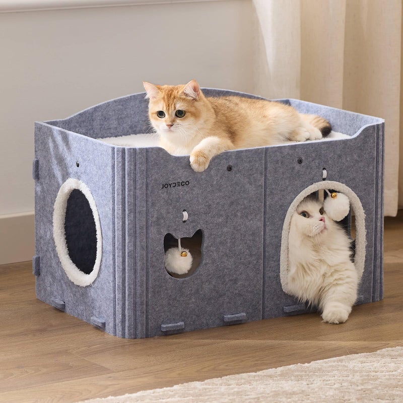 Joydeco Cat House for Indoor Cats, Extra Wide Scratch Resistant Felt Cat Condo, Hideaway Pet Cave Bed with Fluffy Ball and Tunnel for Kitten, Small Dogs, Rabbits, 22.4 x 13.7 x 14.9, Grey - Image 1