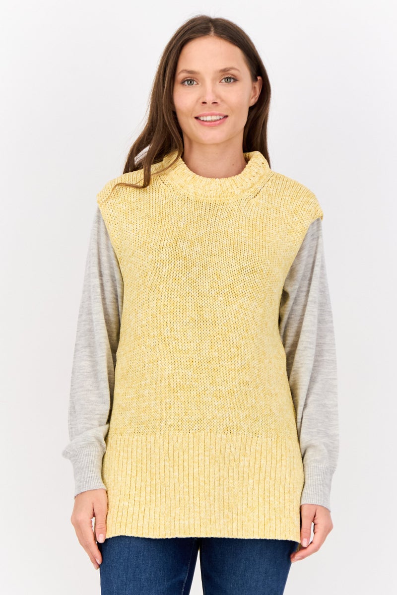 ESPRIT Women Crew Neck Crochet Sweater Vest, Yellow - Image 1