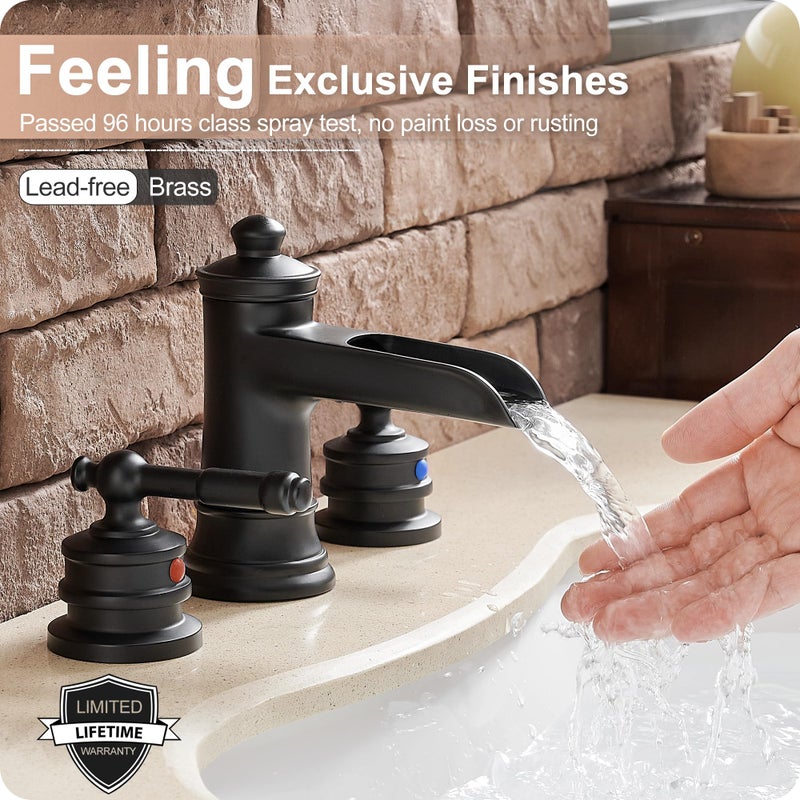 HOIGY Black Waterfall Bathroom Faucet Widespread, Brass Bathroom Faucets for Sink 3 Hole, 4-16 Inch Faucet Bathroom Vanity Faucet with 2 Handles Supply Hoses & Pop-Up Drain for Modern Farmhouse - Image 4