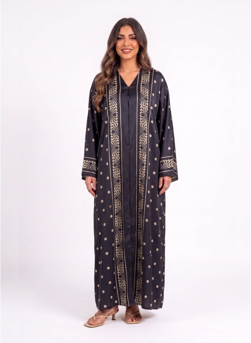 Next Abaya Luxury Polka Dot and Damask Print Silk Closed Abaya Black and Gold Maxi Dress - Image 1