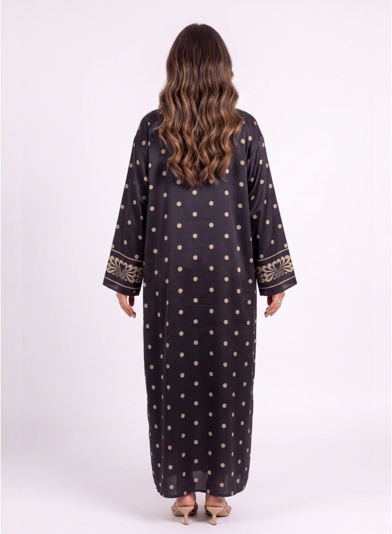 Next Abaya Luxury Polka Dot and Damask Print Silk Closed Abaya Black and Gold Maxi Dress - Image 2