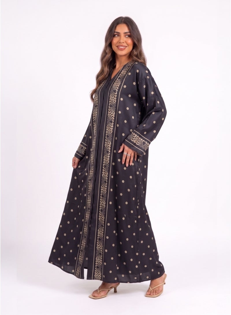 Next Abaya Luxury Polka Dot and Damask Print Silk Closed Abaya Black and Gold Maxi Dress - Image 3