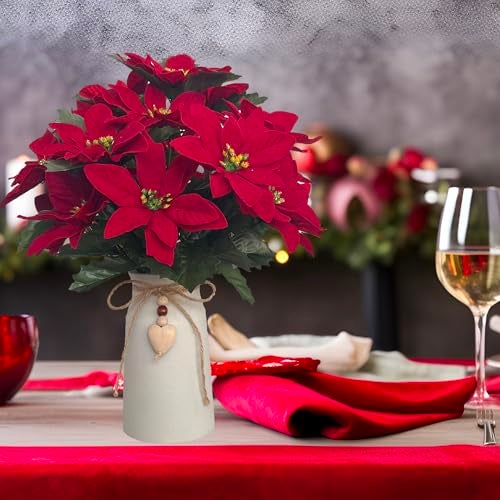 hopeme Artificial Red Poinsettia Christmas Flower Arrangement in Decorative White Vase Holiday Floral Centerpiece with Heart Accent Perfect Christmas Dcor for Home Office or Gifts - Image 3