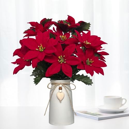 hopeme Artificial Red Poinsettia Christmas Flower Arrangement in Decorative White Vase Holiday Floral Centerpiece with Heart Accent Perfect Christmas Dcor for Home Office or Gifts - Image 1