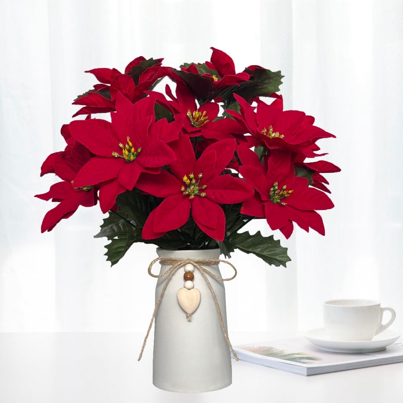 hopeme Artificial Red Poinsettia Christmas Flower Arrangement in Decorative White Vase Holiday Floral Centerpiece with Heart Accent Perfect Christmas Dcor for Home Office or Gifts - Image 2