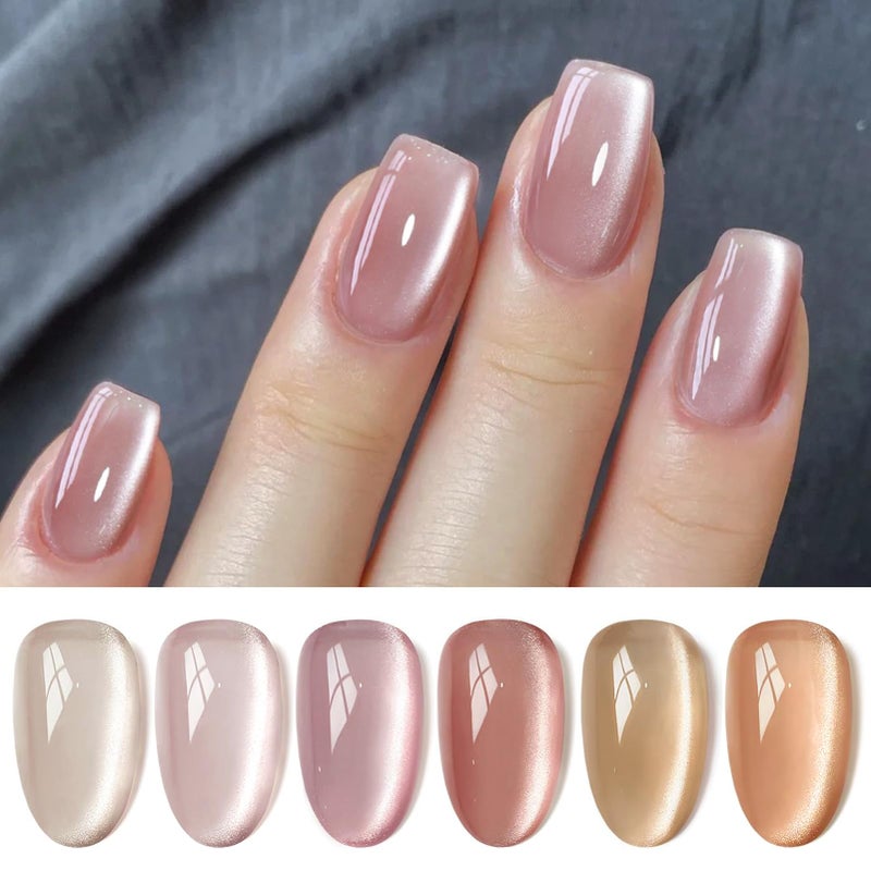 Born Pretty Cat Magnetic Eye Gel Nail Polish Cat Magnetic Shimmer Glitter Holographic Nail Polish Autumn Winter Moonlight Nude Brown Pink Purple 7ML 6PCS - Image 1