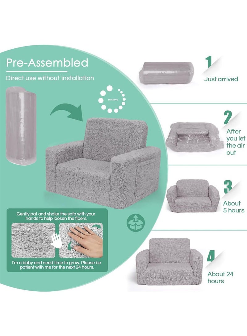 YOUWE7 Kids Couch for Toddler, 2-in-1 Toddler Soft Couch - Kids Chairs Convertible Sofa to Lounger, Easily Folds Out Into a Soft Baby Couch for Napping - Modern Fold-Out Sofa, Grey - Image 2