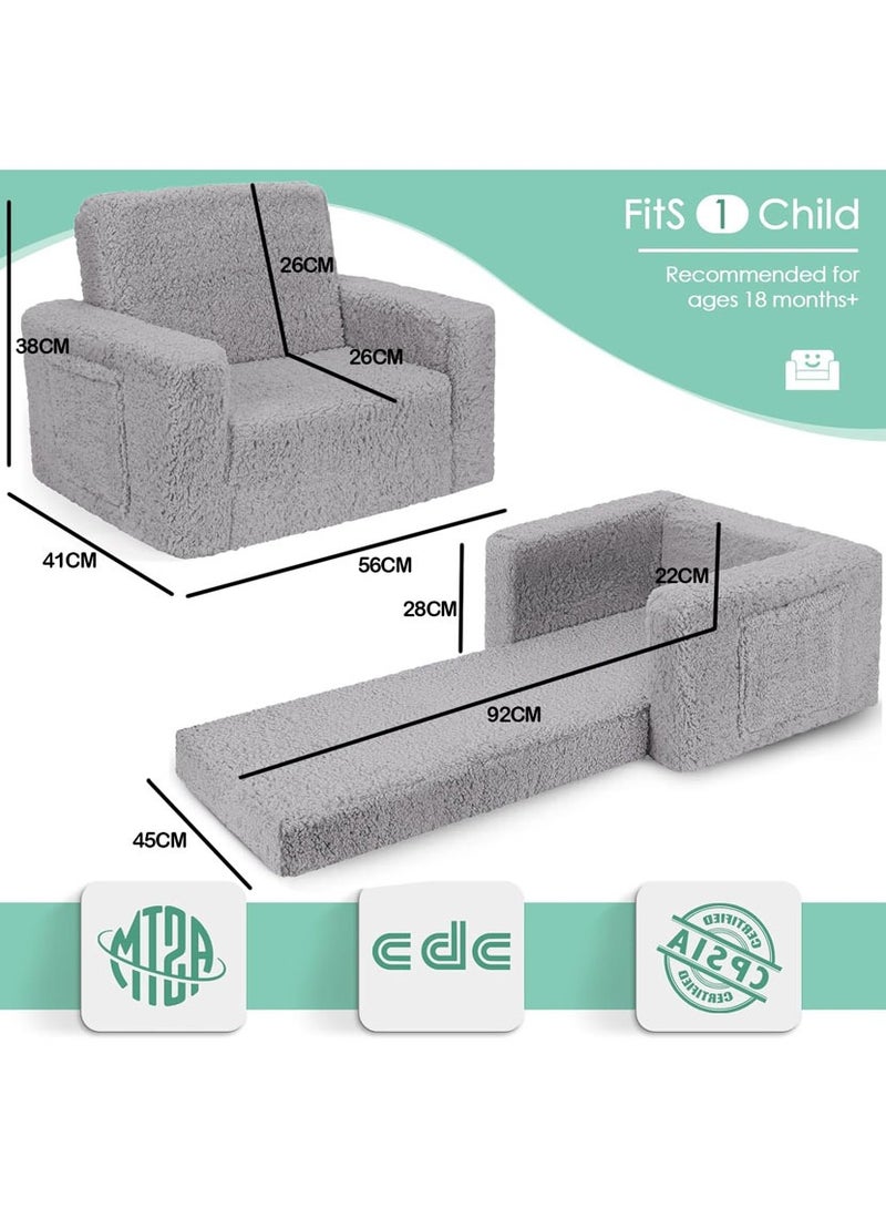 YOUWE7 Kids Couch for Toddler, 2-in-1 Toddler Soft Couch - Kids Chairs Convertible Sofa to Lounger, Easily Folds Out Into a Soft Baby Couch for Napping - Modern Fold-Out Sofa, Grey - Image 5