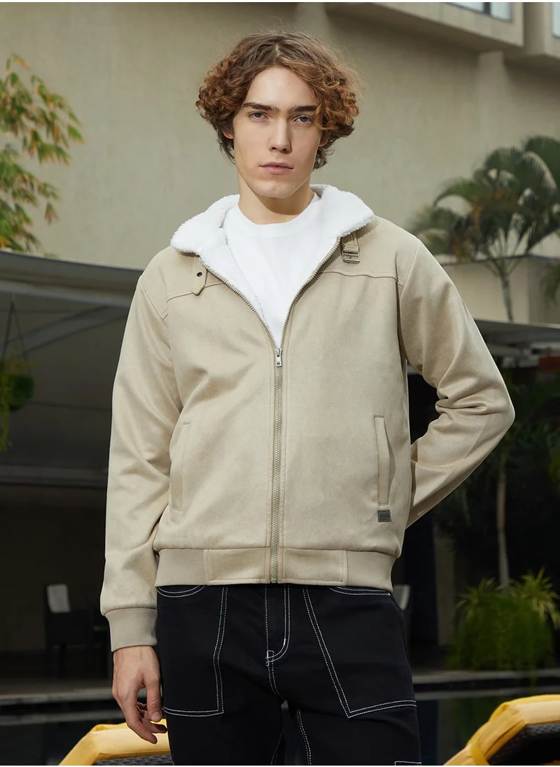 Campus Sutra Men's Saltbox Beige & Chalk White Fleece-Lined Bomber Jacket