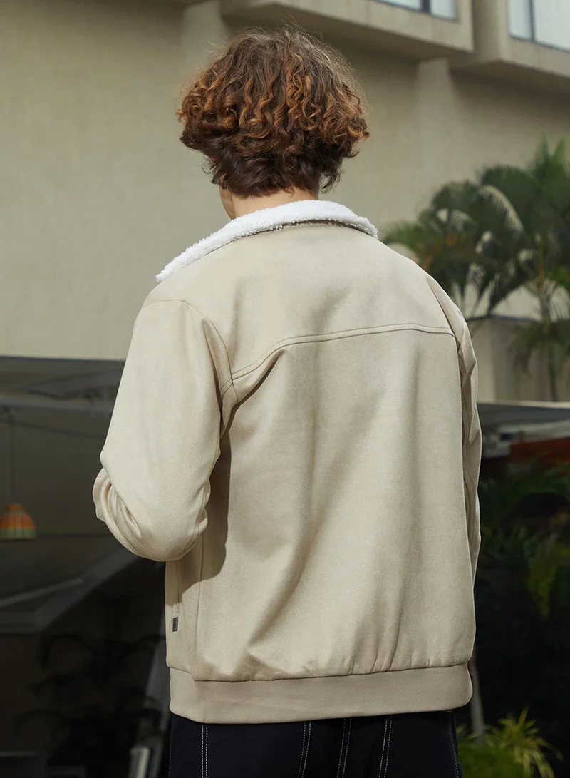 كامبوس سوترا Men's Saltbox Beige & Chalk White Fleece-Lined Bomber Jacket