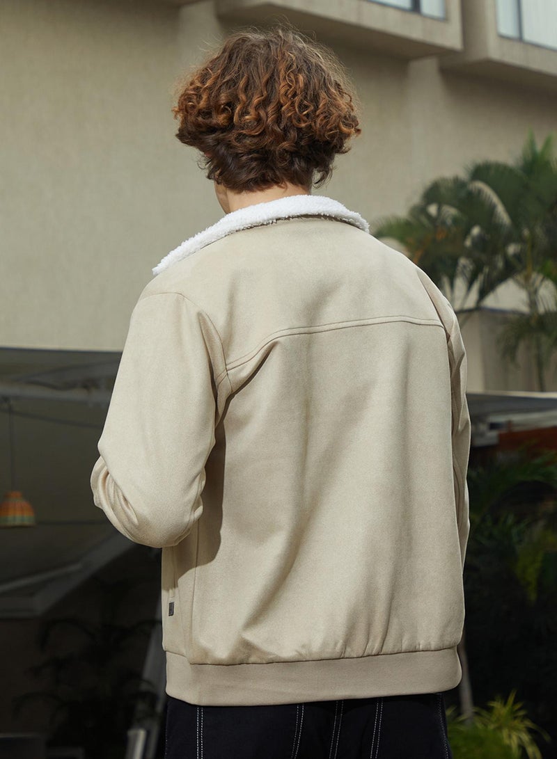 كامبوس سوترا Men's Saltbox Beige & Chalk White Fleece-Lined Bomber Jacket  - Image 5