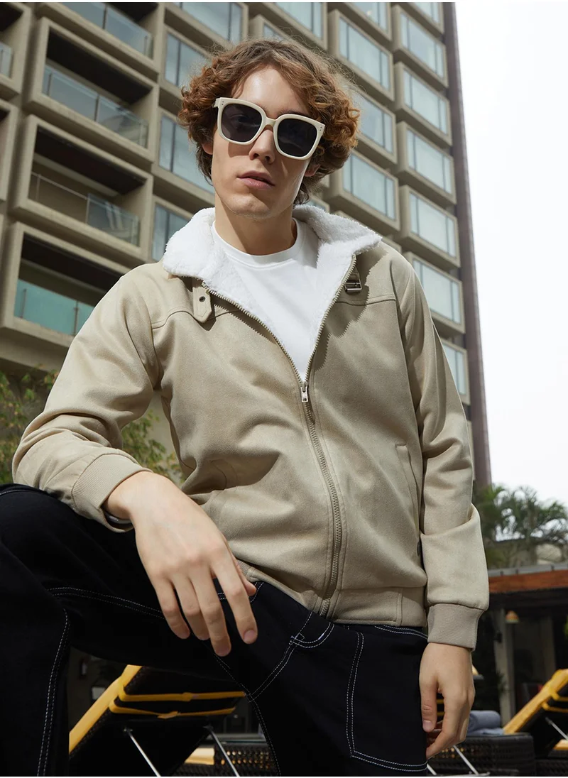Campus Sutra Men's Saltbox Beige & Chalk White Fleece-Lined Bomber Jacket