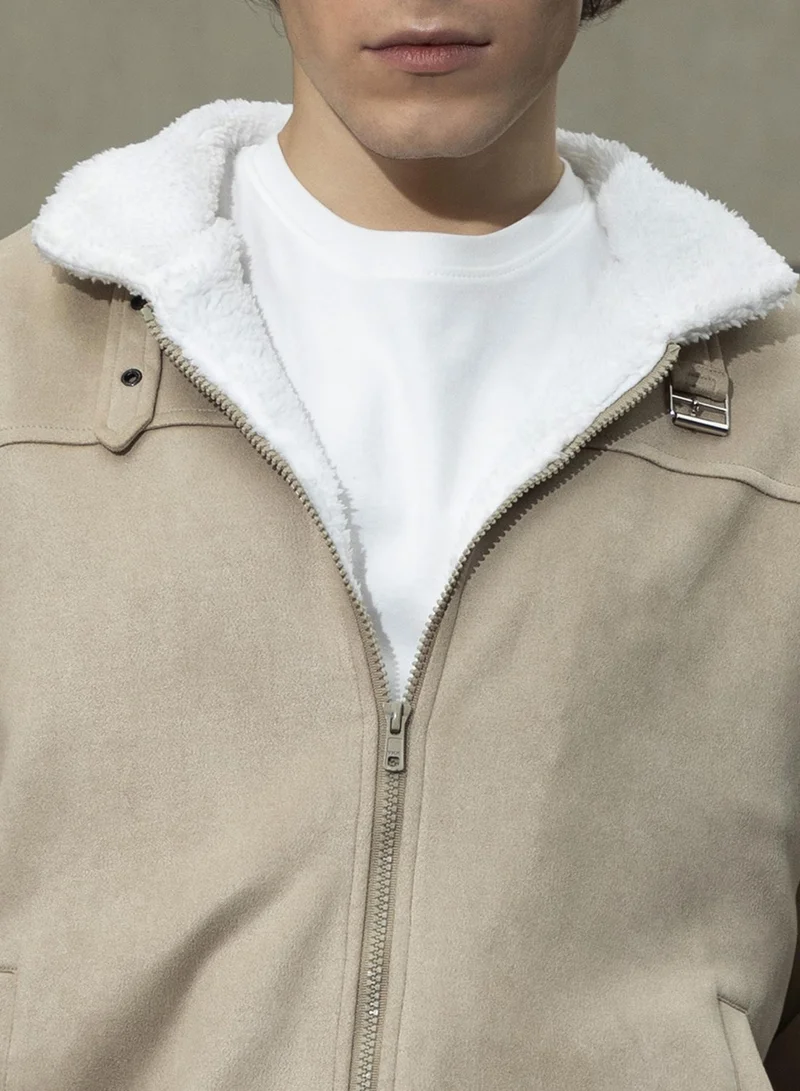 كامبوس سوترا Men's Saltbox Beige & Chalk White Fleece-Lined Bomber Jacket