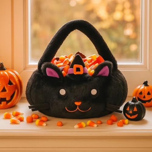 Ouksma Halloween Plush Treat Basket, Halloween Candy Basket, Trick-or-Treat Bag(Black Cat Witch) - Image 5