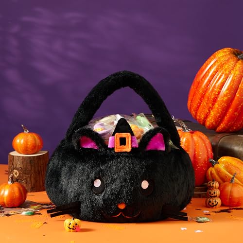 Ouksma Halloween Plush Treat Basket, Halloween Candy Basket, Trick-or-Treat Bag(Black Cat Witch) - Image 4