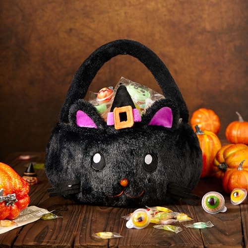 Ouksma Halloween Plush Treat Basket, Halloween Candy Basket, Trick-or-Treat Bag(Black Cat Witch) - Image 3