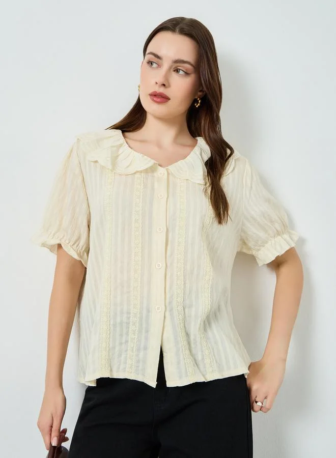 Styli Women Beige Textured Puff Sleeve Blouse