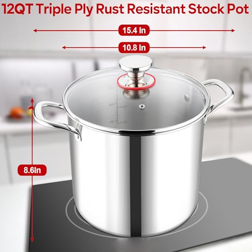 LIANYU 12 QT Stock Pot with Lid, 12 Quart Deep Tall Large Soup Pot for Cooking, Stainless Steel Tri-Ply Heavy Duty Large Stockpot, Nonstick Induction Stockpot with Measuring Mark&Glass Lid - Image 2
