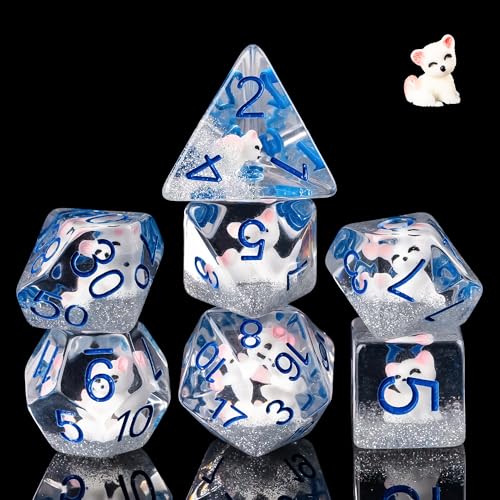 Cusdie 7Die Dice DND Polyhedral Dice Set Filled with Animal for Role Playing Game DD Dice White Fox - Image 1