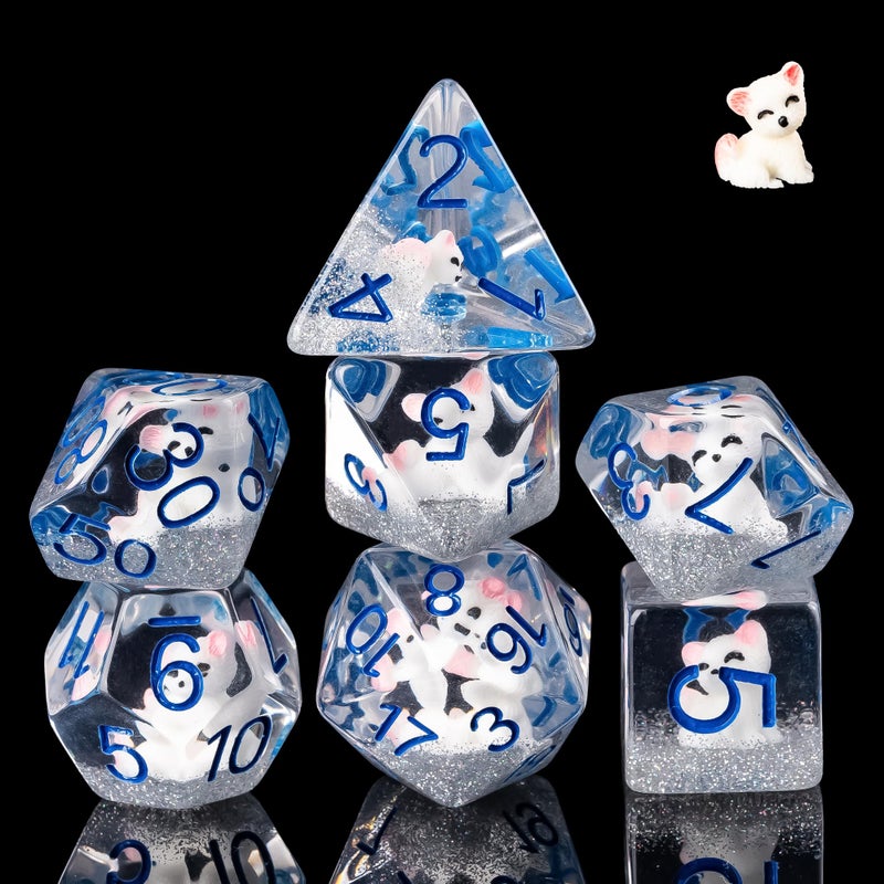 Cusdie 7Die Dice DND Polyhedral Dice Set Filled with Animal for Role Playing Game DD Dice White Fox - Image 3