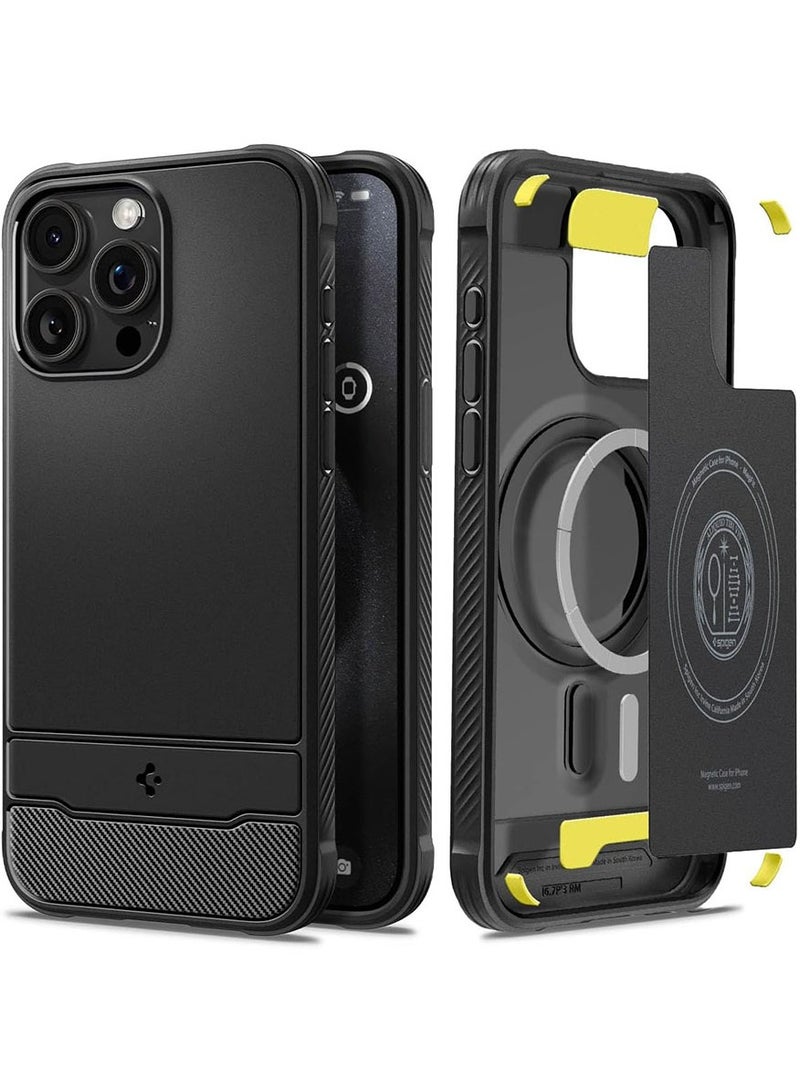 Spigen Rugged Armor MagFit for iPhone 15 Pro Max Case Cover with MagSafe and Carbon Fiber Textures - Matte Black  - Image 1