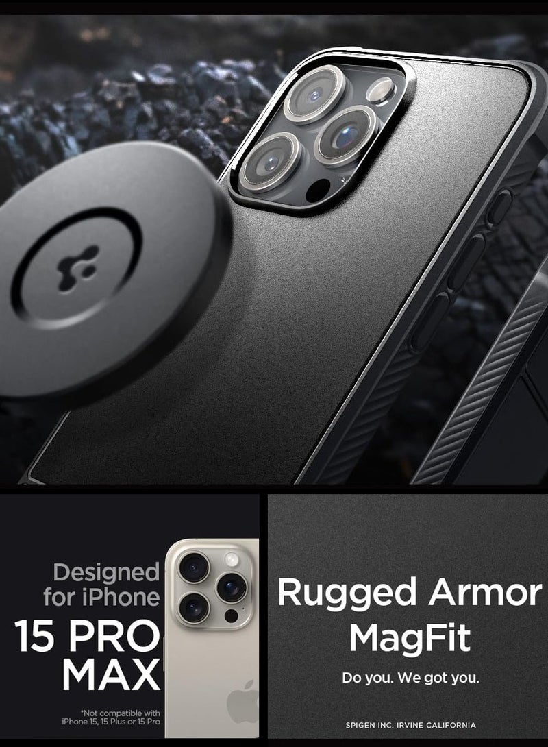 Spigen Rugged Armor MagFit for iPhone 15 Pro Max Case Cover with MagSafe and Carbon Fiber Textures - Matte Black  - Image 2